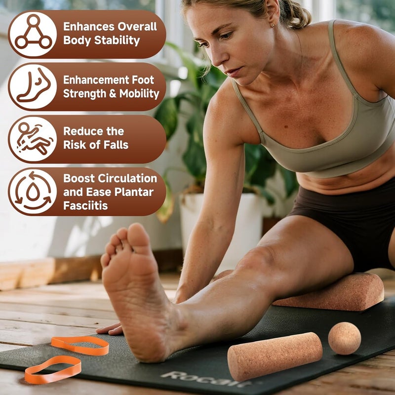 Rocalt Cork Balance Board, Premium Cork 4-in-1 Foot & Ankle Strengthener Kit, Balance Trainer with Massage Roller & Ball, Toe Resistance Bands, Storage Bag & Exercise Guide for Enhance Mobility, Improve Foot Function, Prevent Falls - Image 4